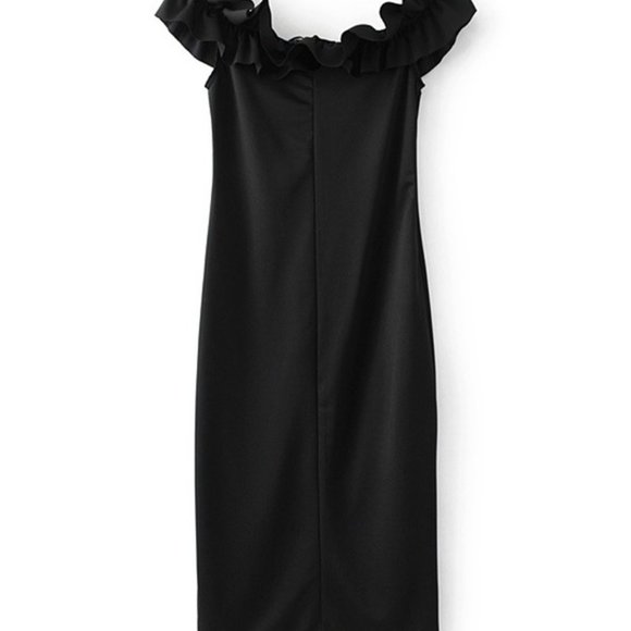 NWOT ZARA BLACK OFF SHOULDER RUFFLE BODYCON DRESS - Picture 3 of 8